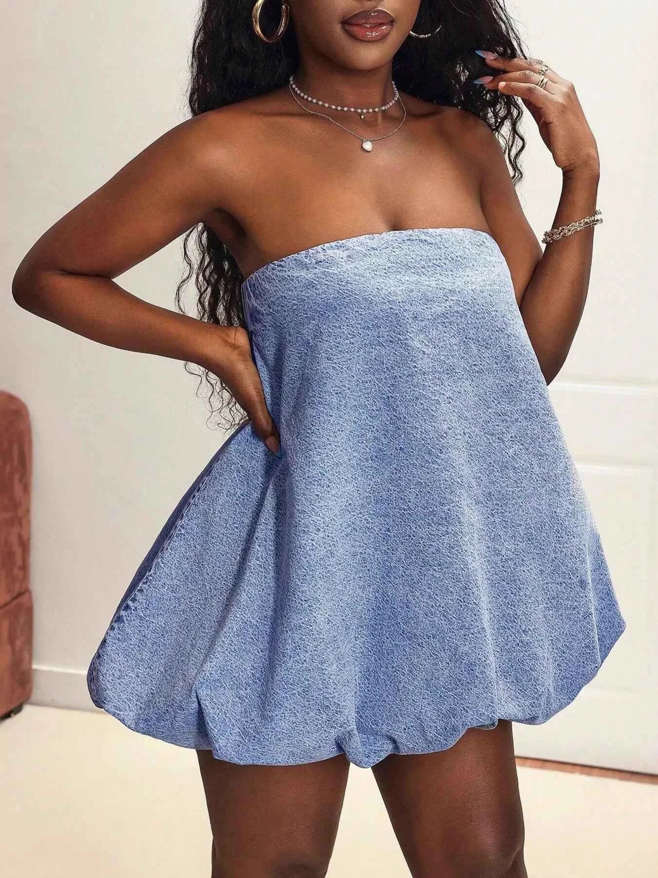 Tube Bubble Hem Denim Dress Light 3a6f6e6b538a488fa0a0555b46adebca-Max-Origin