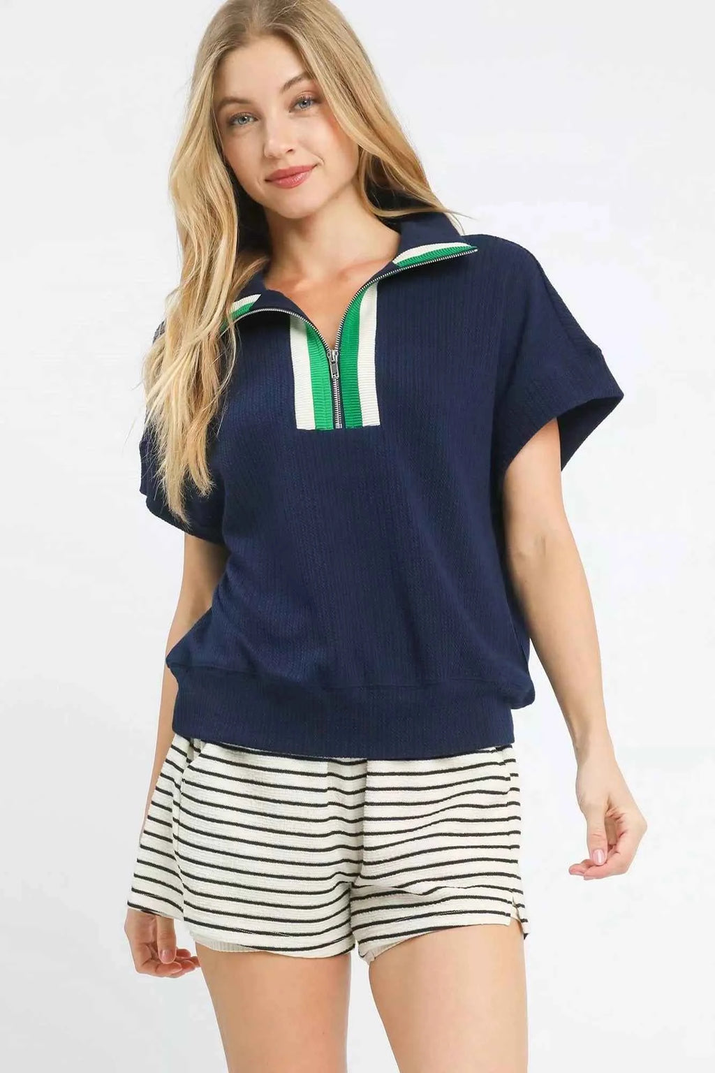 Umgee Textured Striped Zip Collar Knit Top NAVY 3a744fce-a86f-41af-a5f0-7c2f19553e55-Max-Origin