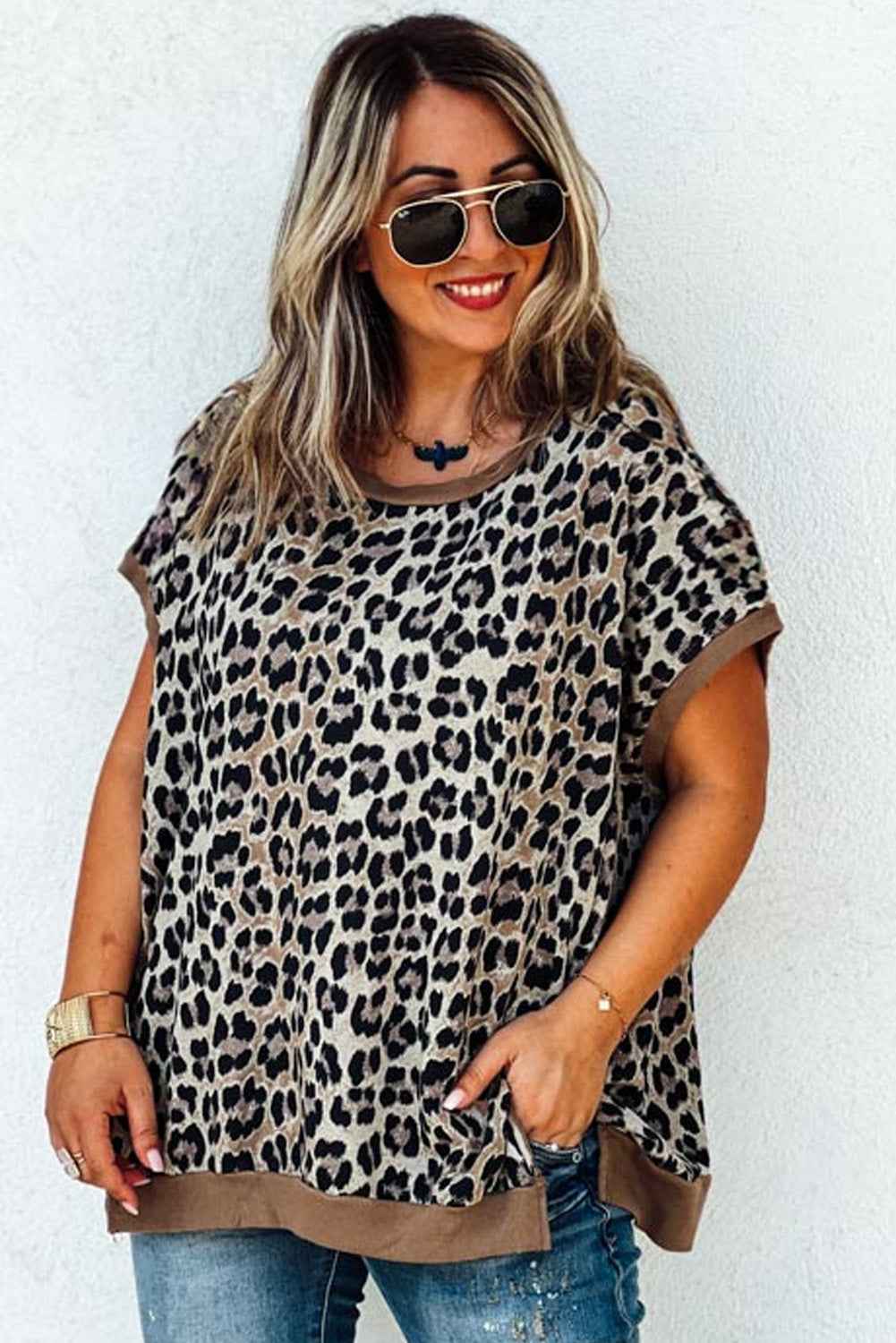 Khaki Leopard Contrast Trim Short Sleeve Loose Plus Size Top 3a8a9e83752e40bc