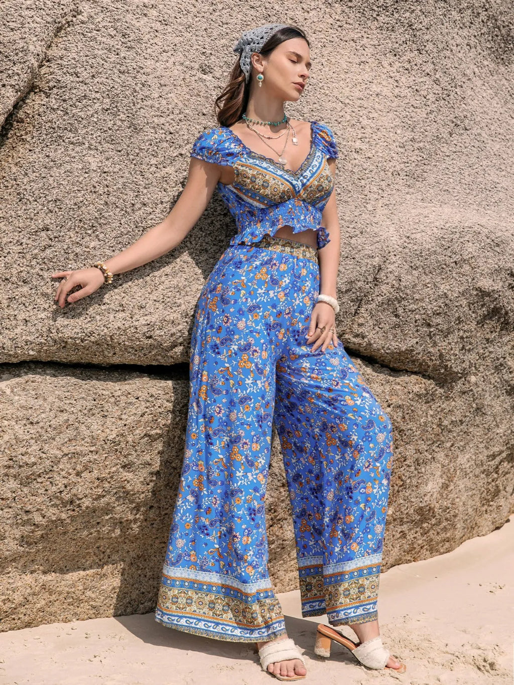 Printed V-Neck Top and Pants Set Blue 3aadfd3b-a096-4e9c-97f1-c7a42502cfb1-Max-Origin