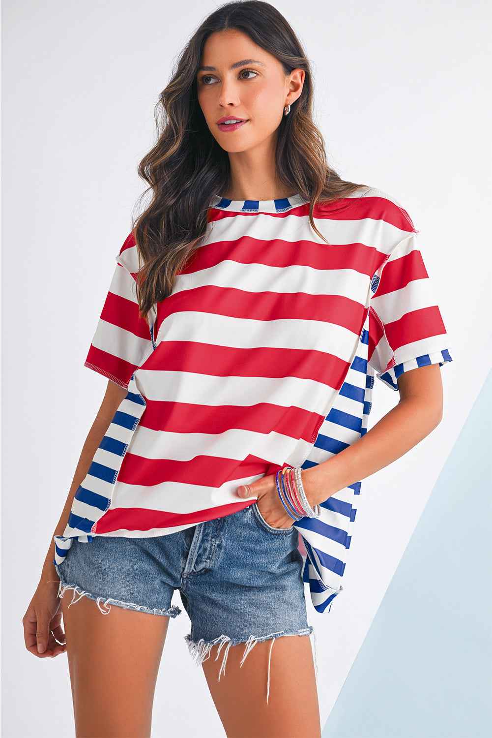 Red Stripe Loose Casual Color Block T Shirt 3abace91779a0957