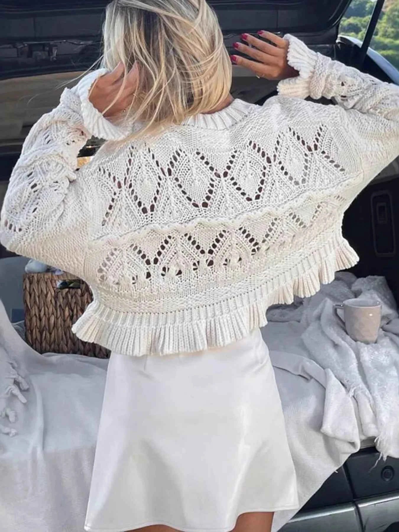 Crochet Ruffled Hem Long Sleeve Sweater 3abf7fb9114a4dc1bce1f3994c66f926-Max-Origin