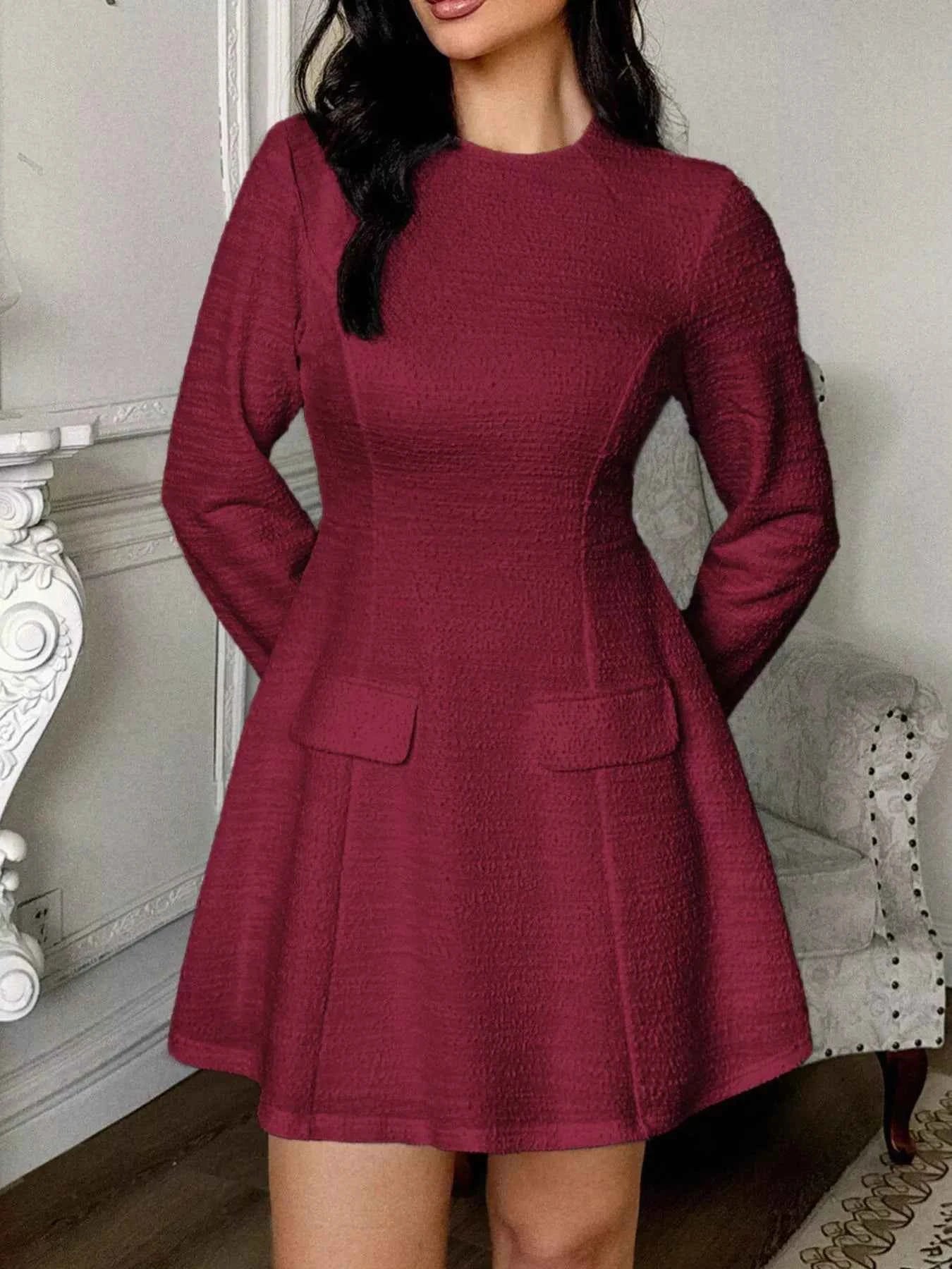 Cutout Back Long Sleeve Mini Dress Burgundy 3ad3e1b2-2ae4-417c-bcc7-b2cc59935264-Max-Origin