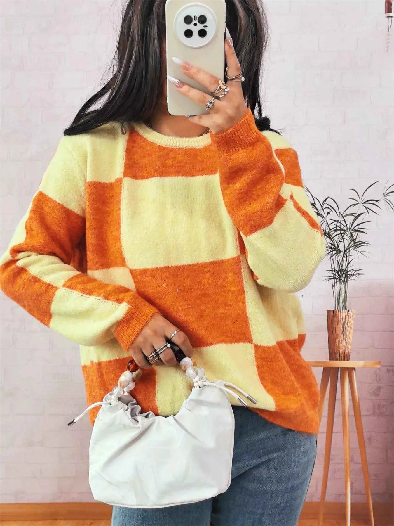 Color Block Round Neck Sweater Orange One Size 3ad566c6bcde419cb7dcf98feb4e9190-Max-Origin