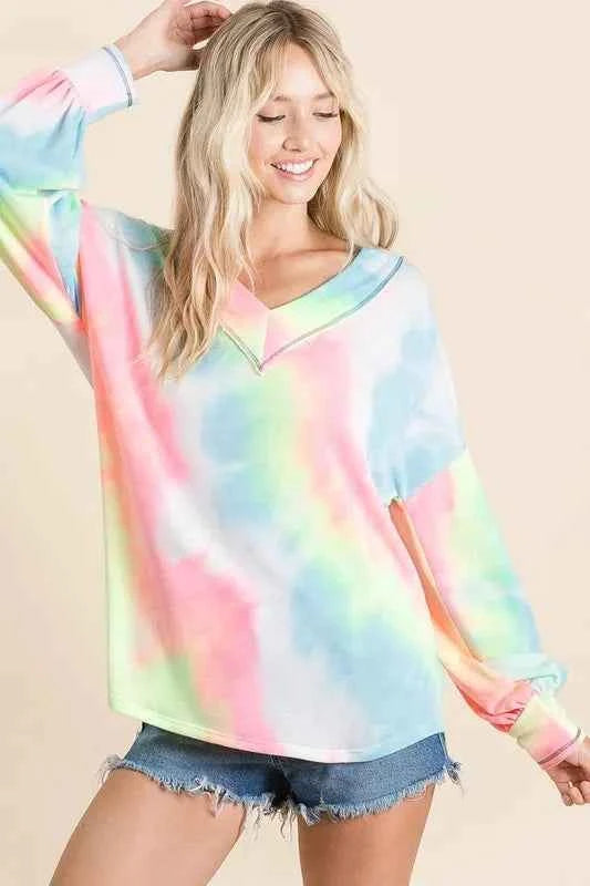 BiBi Tie Dye French Terry V-Neck Top with Puff Sleeves 3ae8d934cee0433081618479ff34d172-Max-Origin