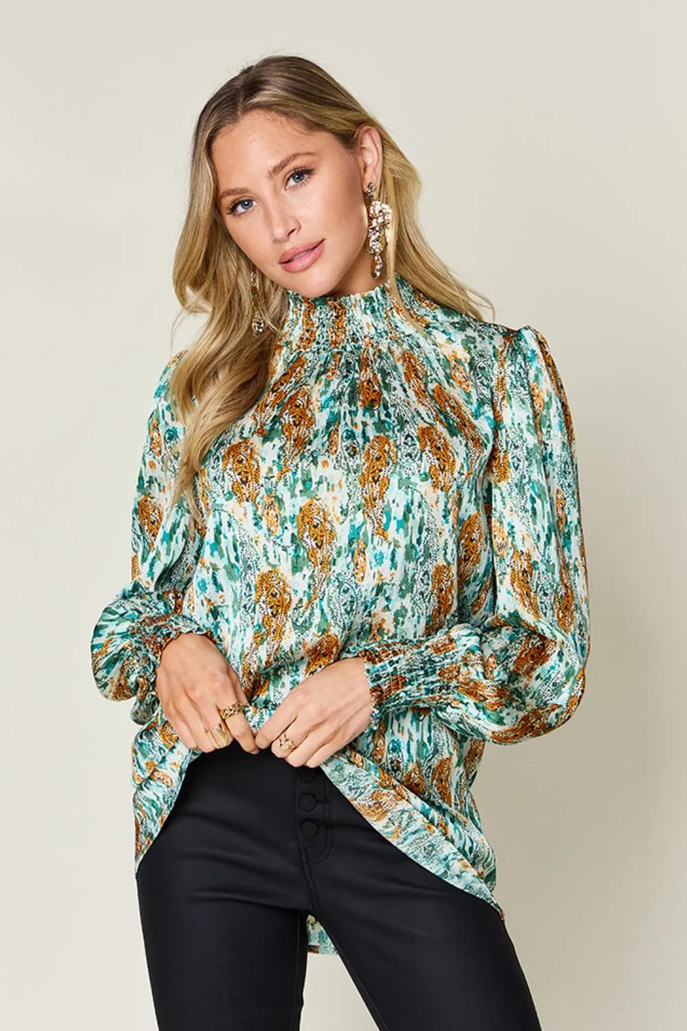 Double Take Full Size Printed Smocked Long Sleeve Blouse 3afd7ec9-98b7-4c63-8991-df2dbca50f62-Max