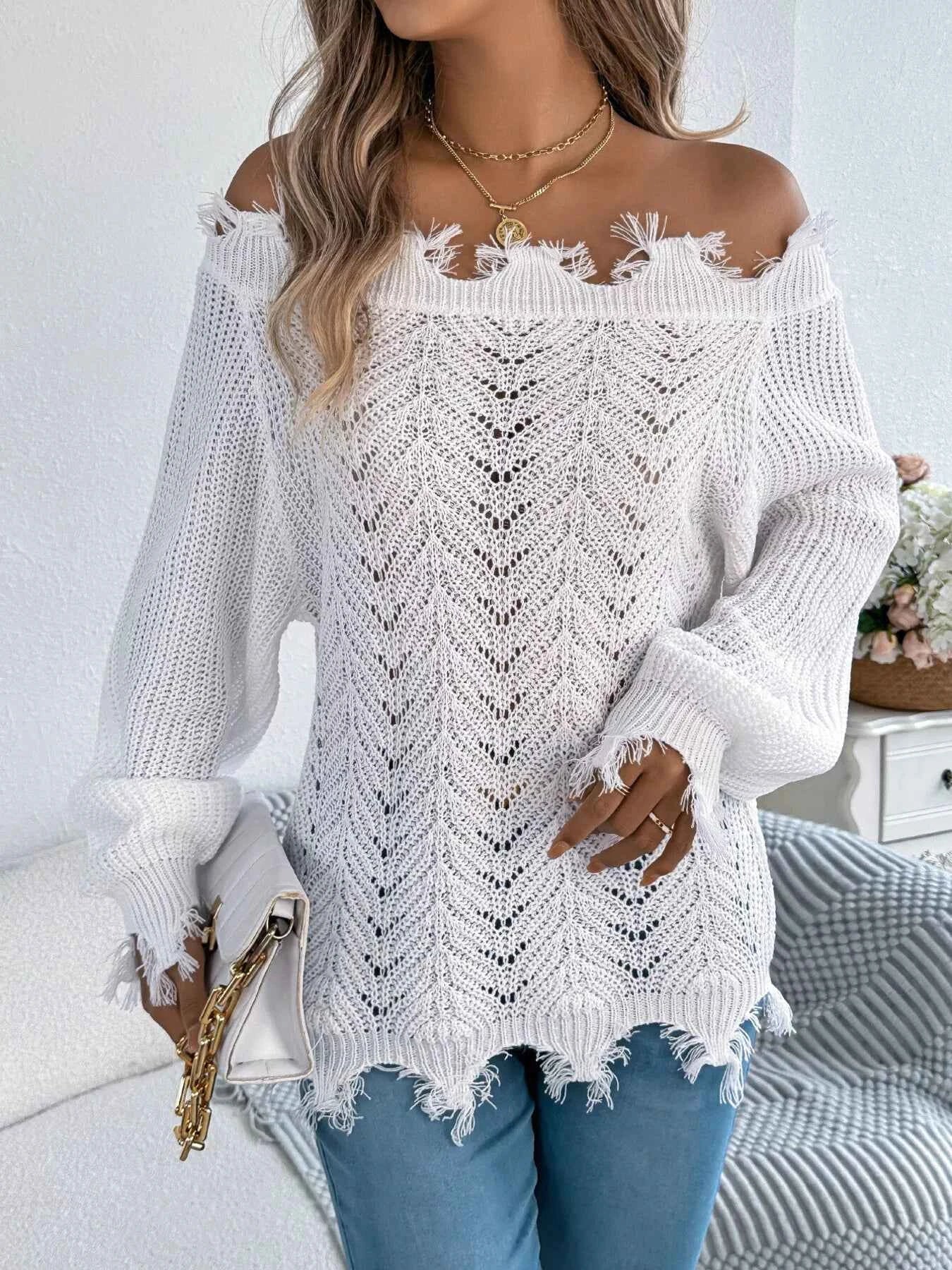 Distressed Hem Openwork Off-Shoulder Sweater 3b1f5c9a9ed14a87bdb7c7055fcfd3dd-Max-Origin