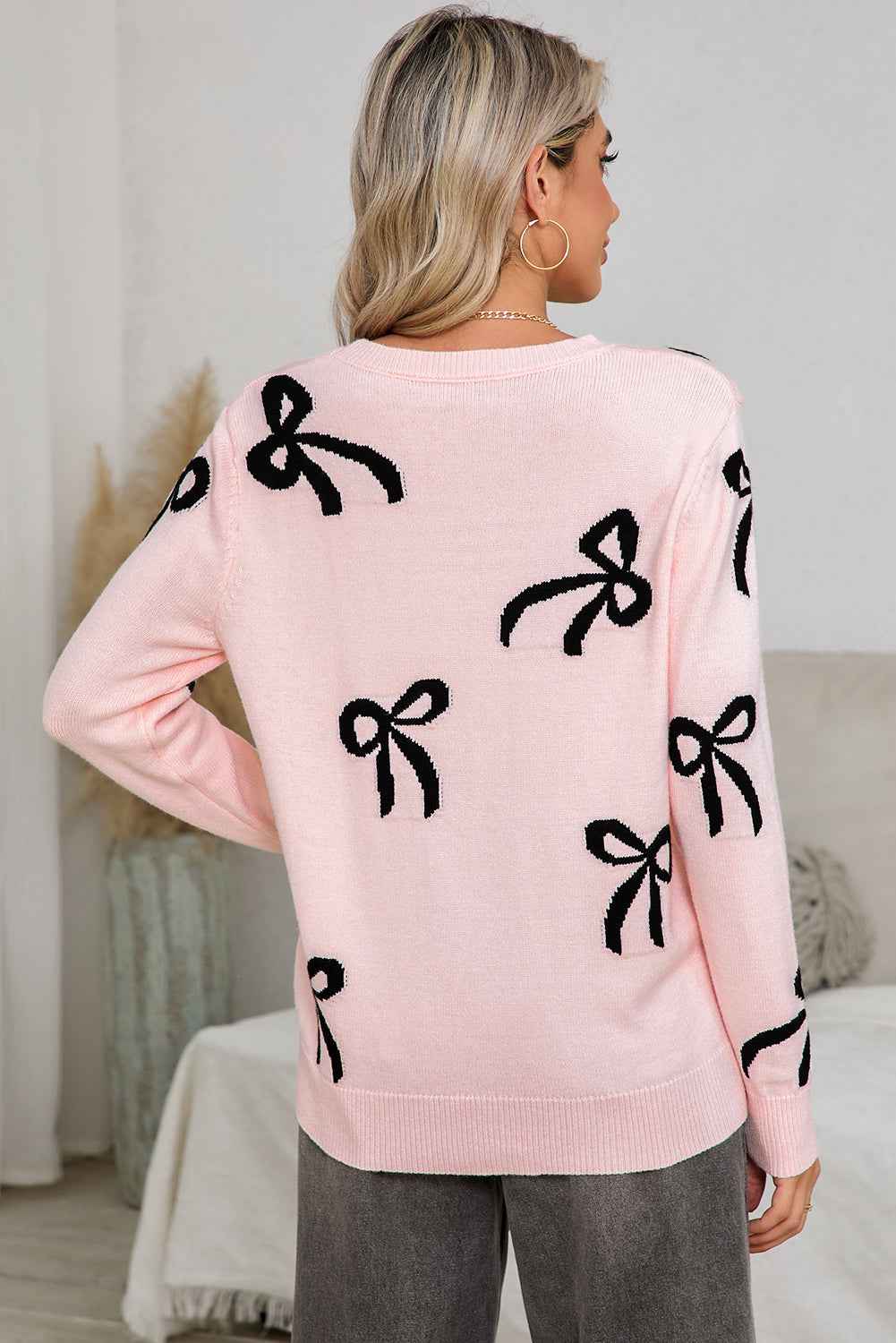 Light Pink Bow Print Long Sleeve Loose Fit Sweater 3b2c306be89a8e46