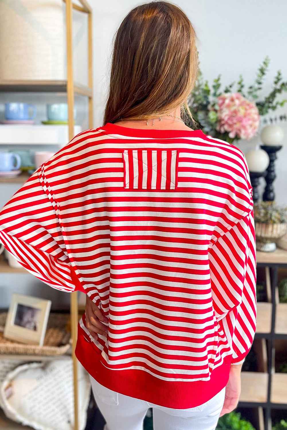 Red Striped Exposed Seam Drop Shoulder Long Sleeve Top 3b3d1e6dd7854dcc