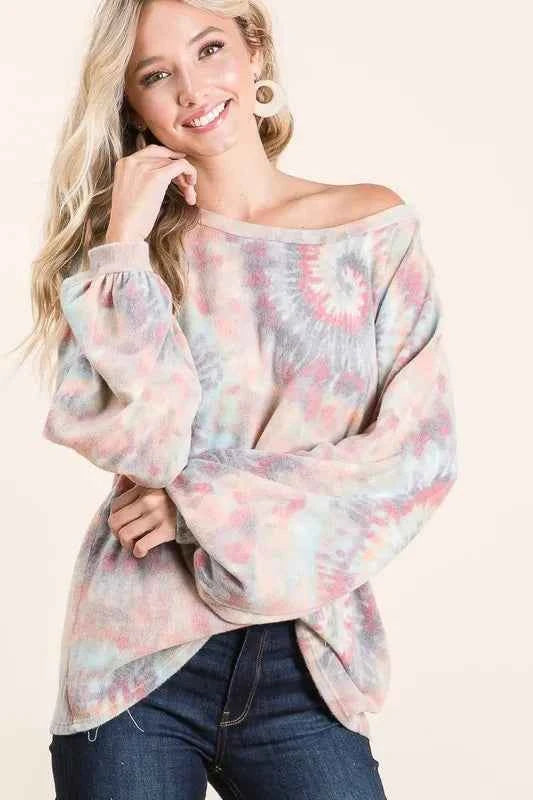 BiBi Brushed Tie Dye Print Top with Puff Sleeves 3b4728917a974fe19c270d2023ab4017-Max-Origin