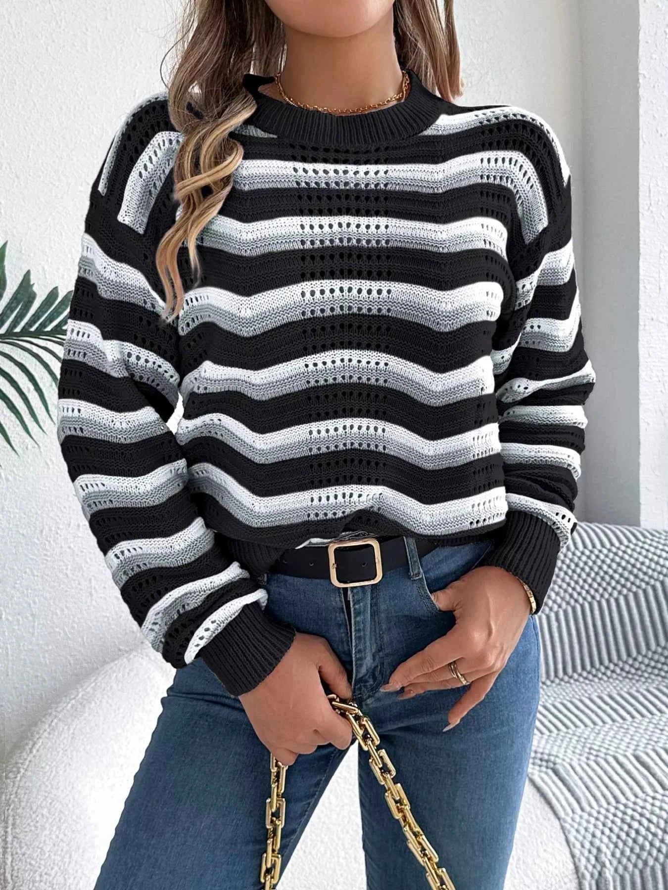 Striped Round Neck Long Sleeve Sweater 3b4e490ce1bc4219b15b610a5301bfb3-Max-Origin