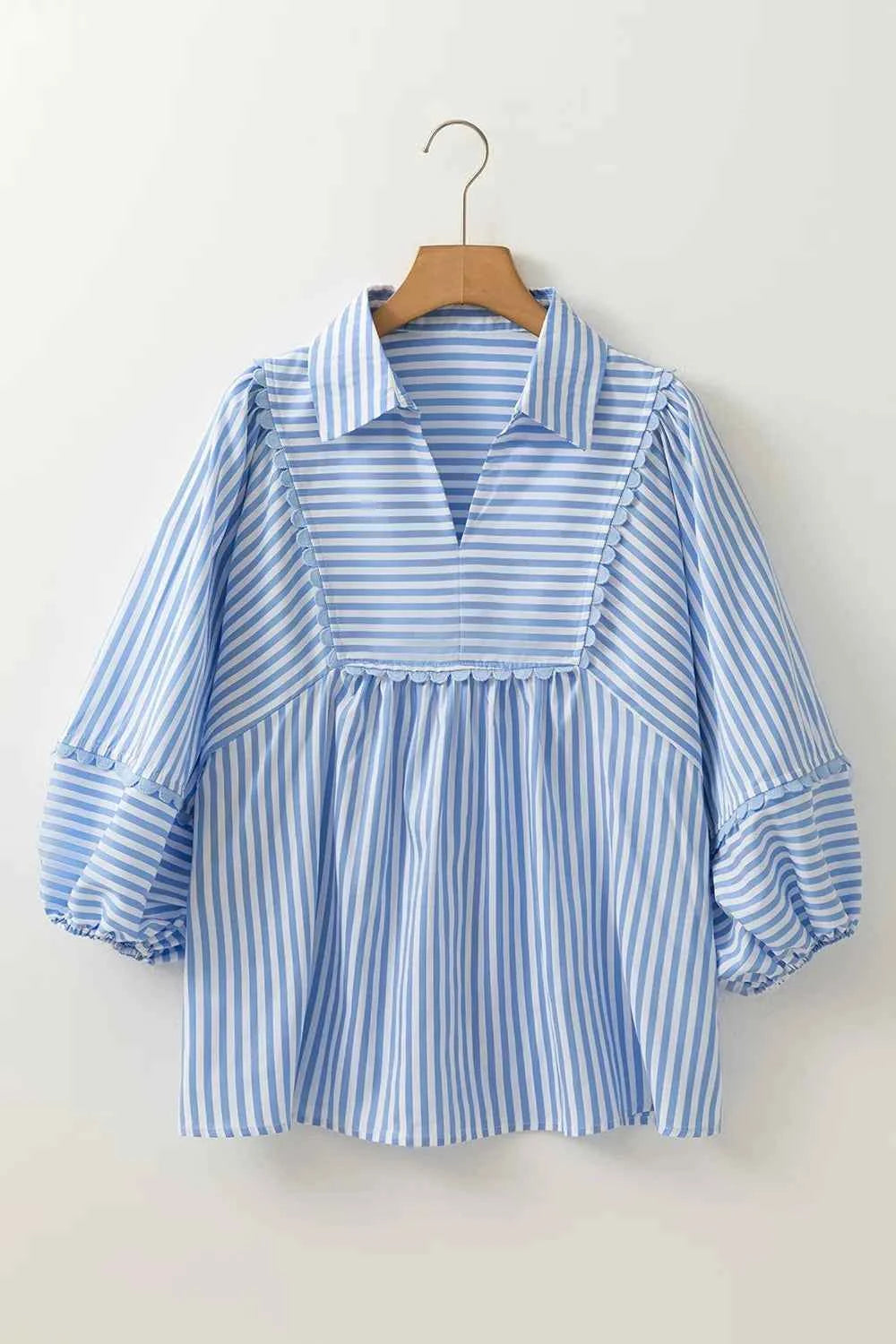 Striped Notched 3/4 Sleeve Blouse 3b501bd4-ccc5-48c8-b02c-3879c1371069-Max-Origin