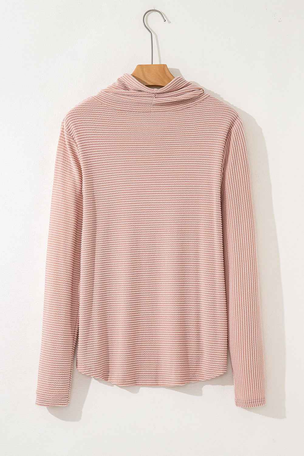 Apricot Pink Horizontal Twist Ribbed Drawstring Cowl Neck Knit Top 3b53ba0afb6928ba