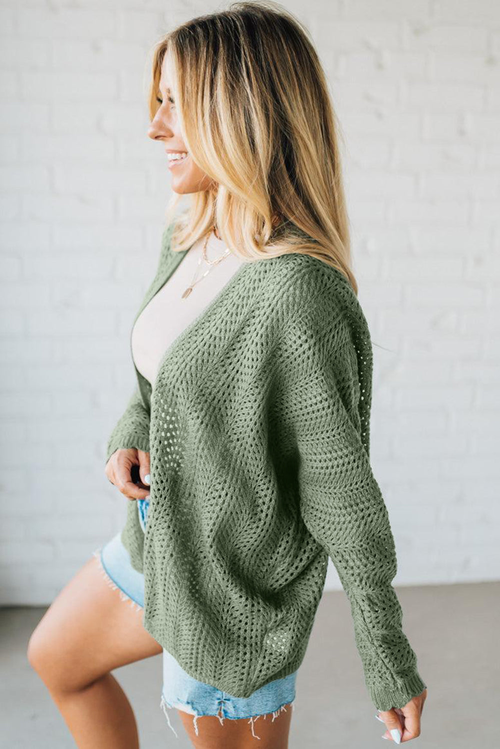 Green Bay Scalloped Edge Eyelet Knit Batwing Sleeve Cardigan 3b5775ac844cf035