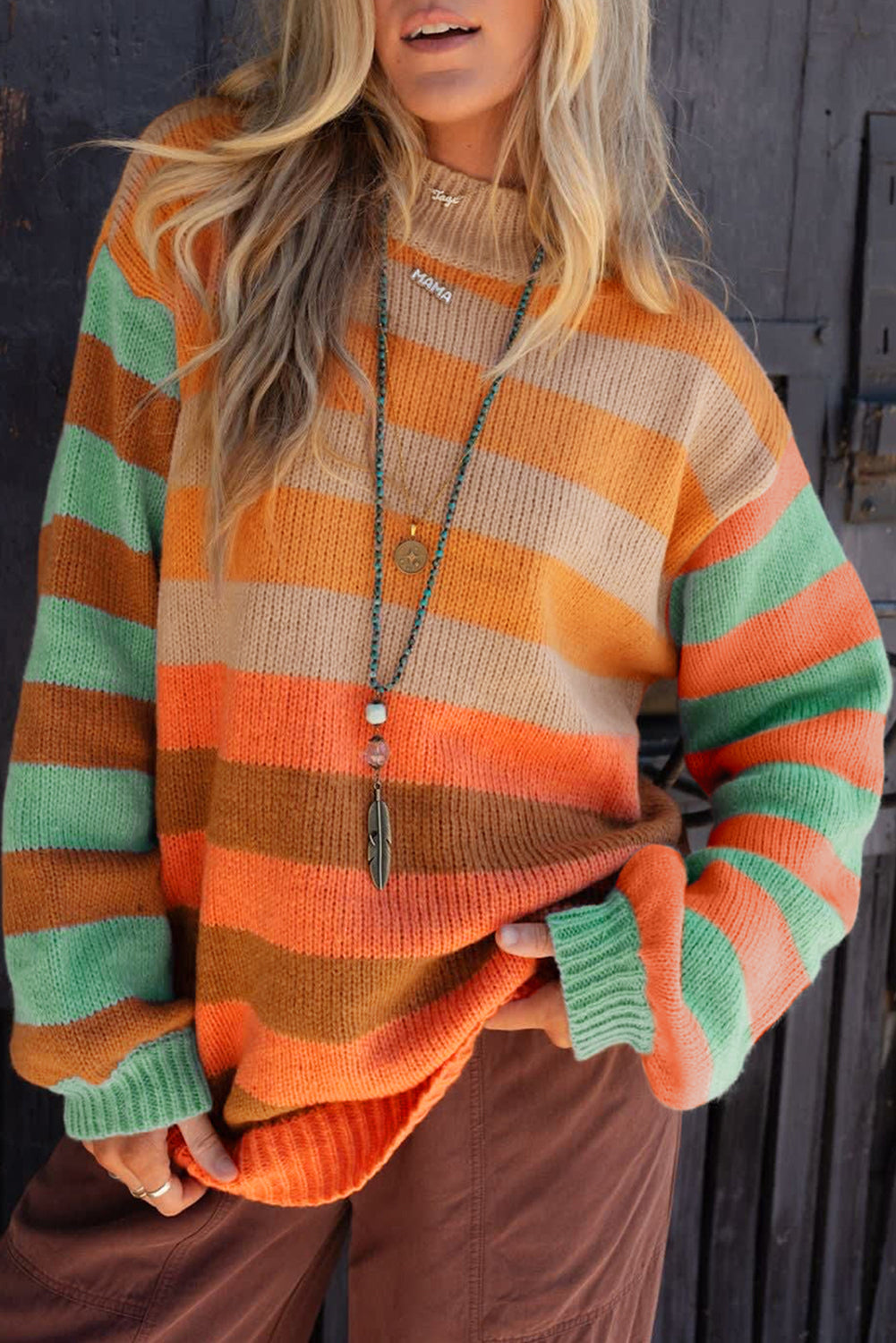 Orange Striped Colorblock High Neck Drop Shoulder Cozy Sweater Orange Stripe 65%Acrylic+35%Polyamide 3b5994da6106e815