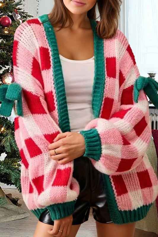 Plaid Bow Open Front Sweater Knit Cardigan
