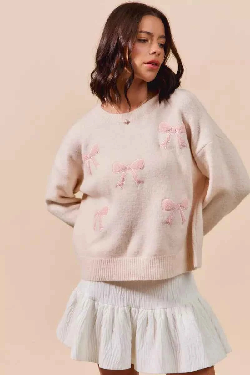 SO ME Embroidered Ribbon Round Neck Sweater BLUSH 3b86cca7f758430699cd293975cc59f0-Max-Origin