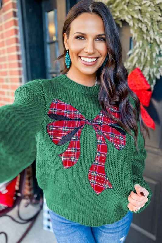 Plaid Bow Drop Shoulder Christmas Sweater 3b8b4d9b-ba8e-46ad-948a-eb5f078bf668