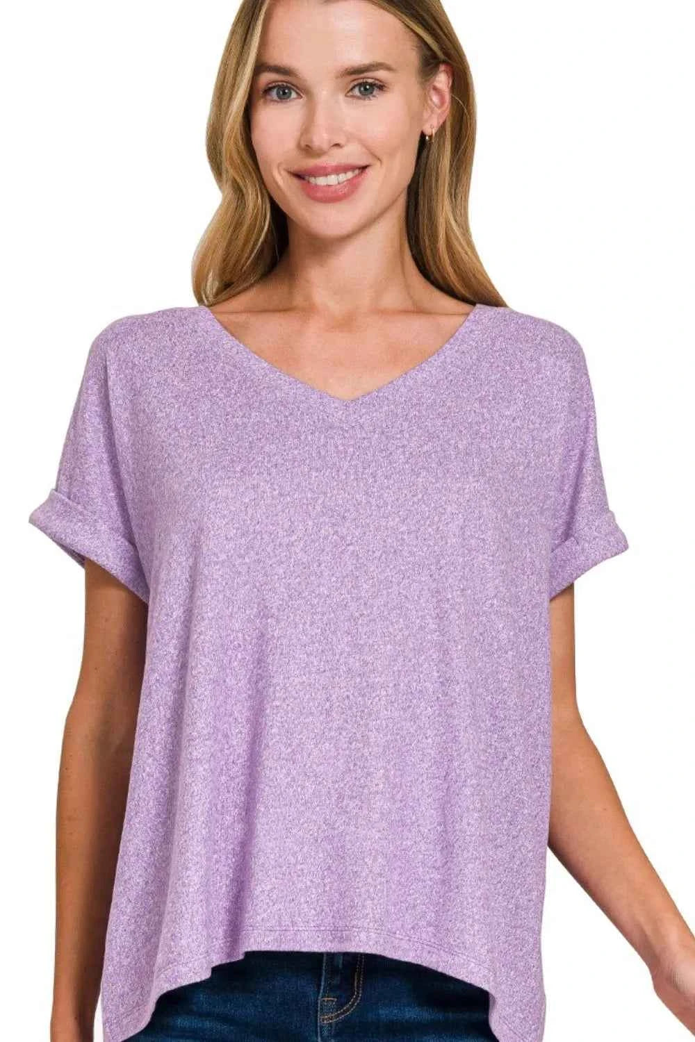 Zenana Soft Melange Hacci V-neck Tee LAVENDER 3b959695-0d5e-4101-b2e2-4c7626e6cea6-Max-Origin