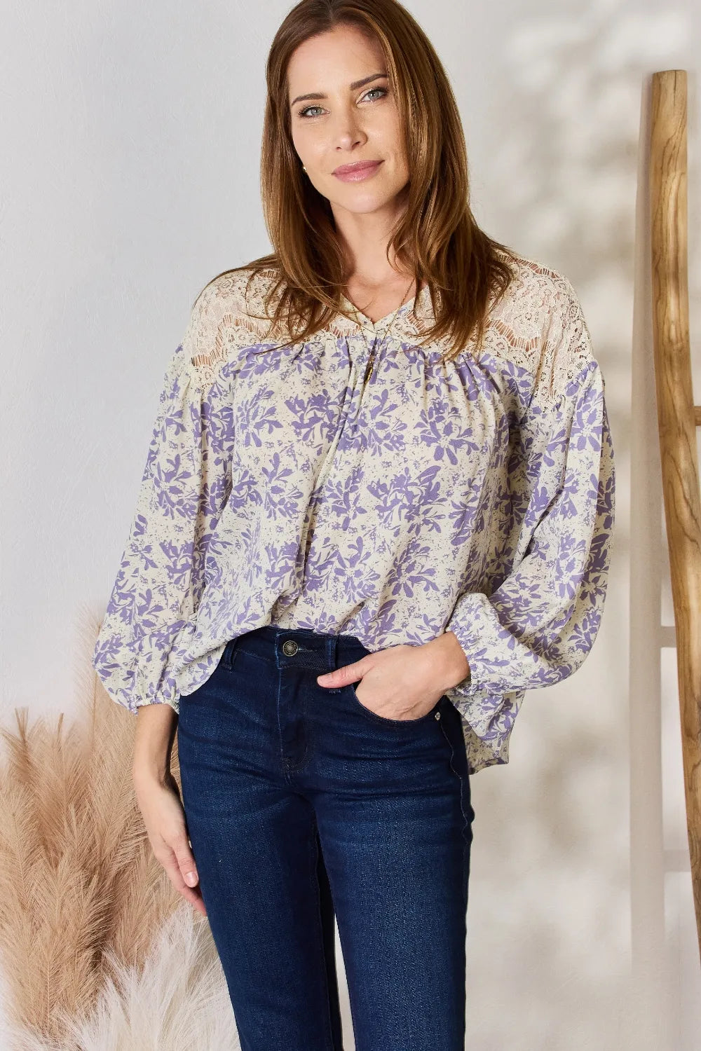 Hailey & Co Full Size Lace Detail Printed Blouse LILAC 3b9858fb-27fe-4a32-899a-9c4547b37102-Max