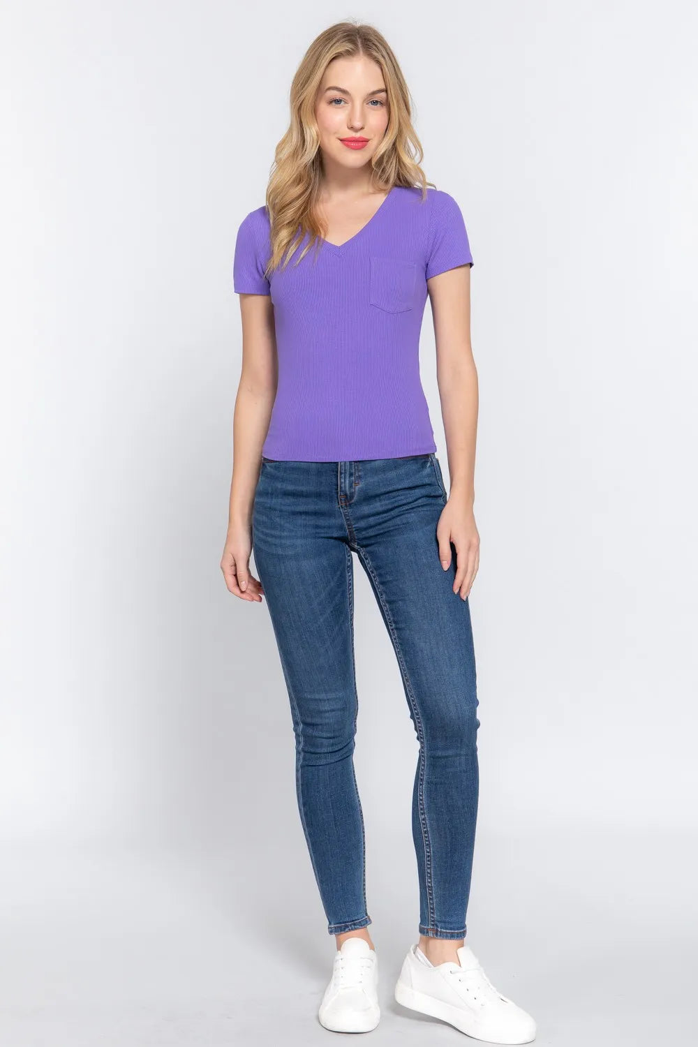 ACTIVE BASIC V-Neck Ribbed Short Sleeve Knit T-Shirt 3ba1113e-0ae3-4754-964c-aa4f3ac19e81-Max