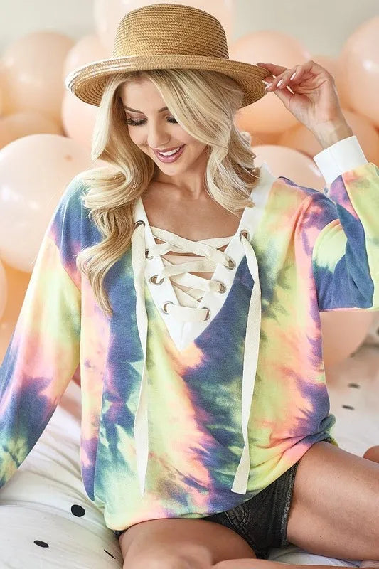BiBi Tie Dye Deep V-Neck Top with Lace Up Front 3baf19aa01e6470d8ac6e5850acab1f7-Max-Origin