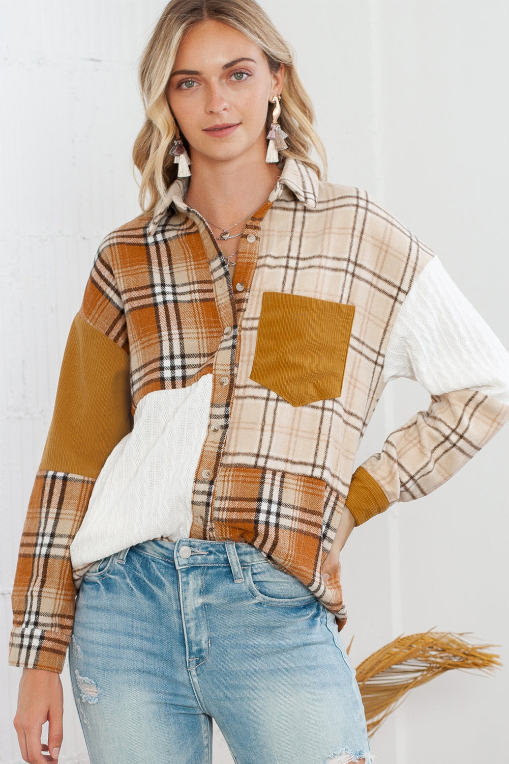 Orange Plaid Color Block Patchwork Pocket Shirt Shacket 3bb3f9d0ee0175f2