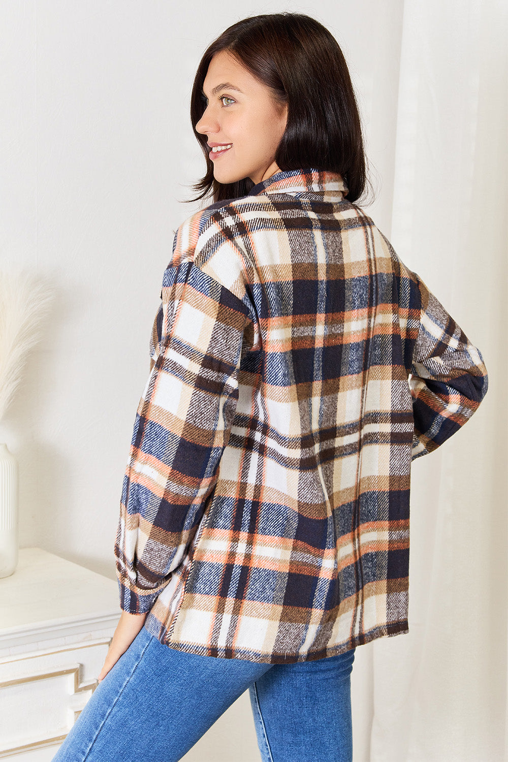Double Take Plaid Button Front Shirt Jacket with Breast Pockets 3bb44130d52a458ebfb3eba48a71f895-Max