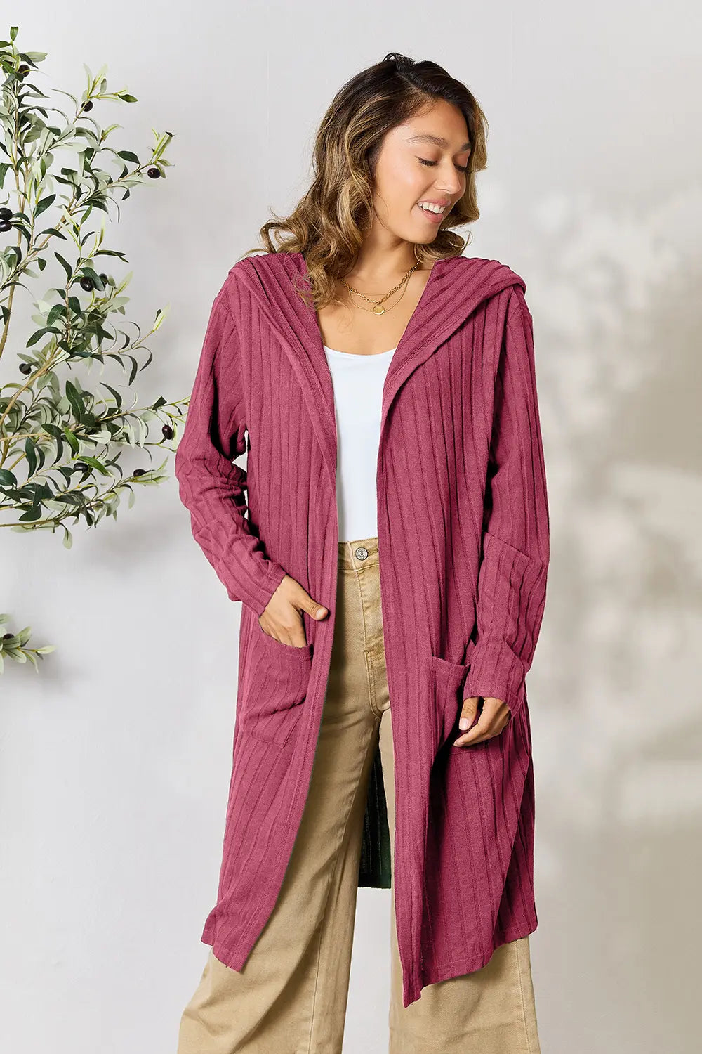 Basic Bae Full Size Hooded Sweater Cardigan Pink 3bdd56f9c58142978c4de22778ff67ab-Max