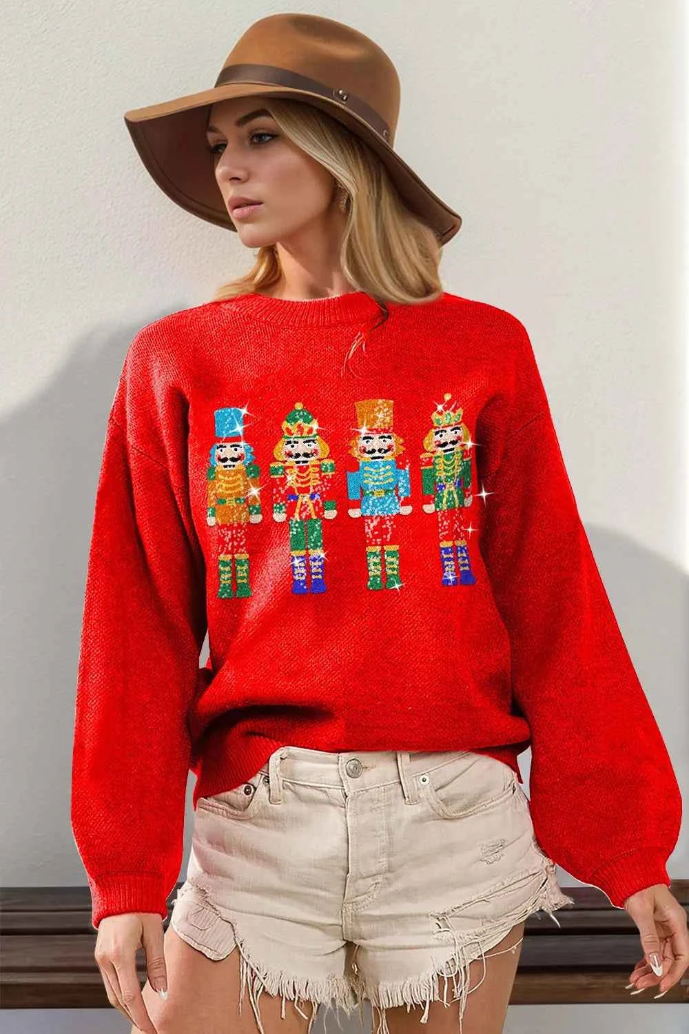 Double Take Full Size Sequin Nutcracker Long Sleeve Sweater Red 3be32675-4cef-4336-9682-3c7213270f26-Max