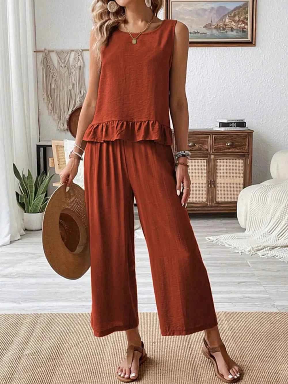Ruffled Round Neck Top and Wide Leg Pants Set Rust 3bf6a1f5-653a-4d0c-bcb2-4b6c3b2d7bb0-Max