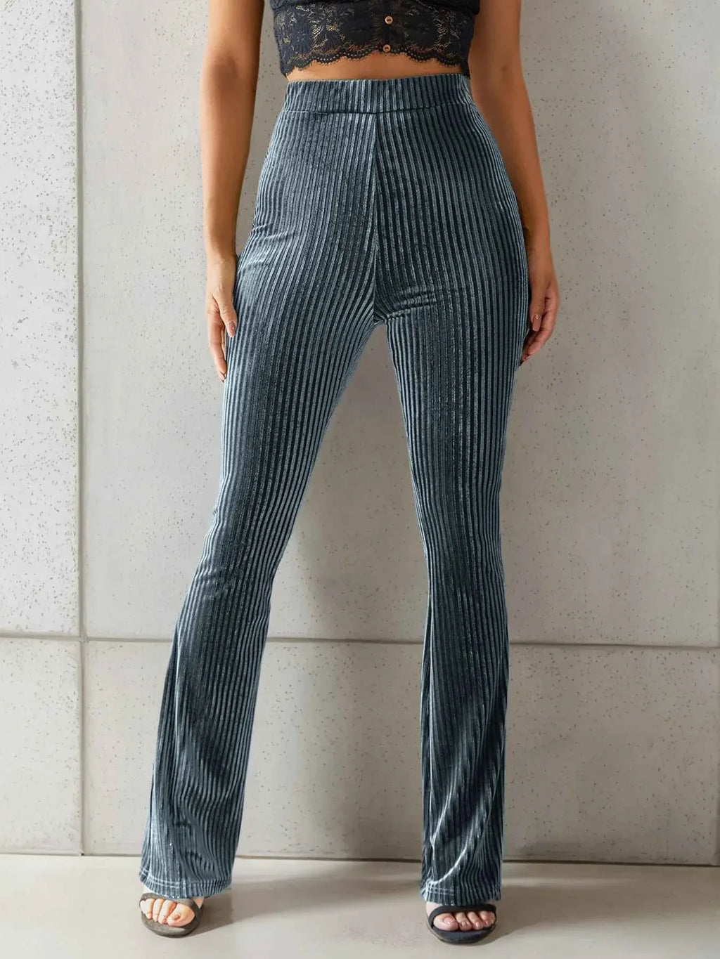 High-Waisted Ribbed Velvet Flare Pants Dark Gray 3bfbb1727e97440eab804b460bc7b8a5-Max-Origin