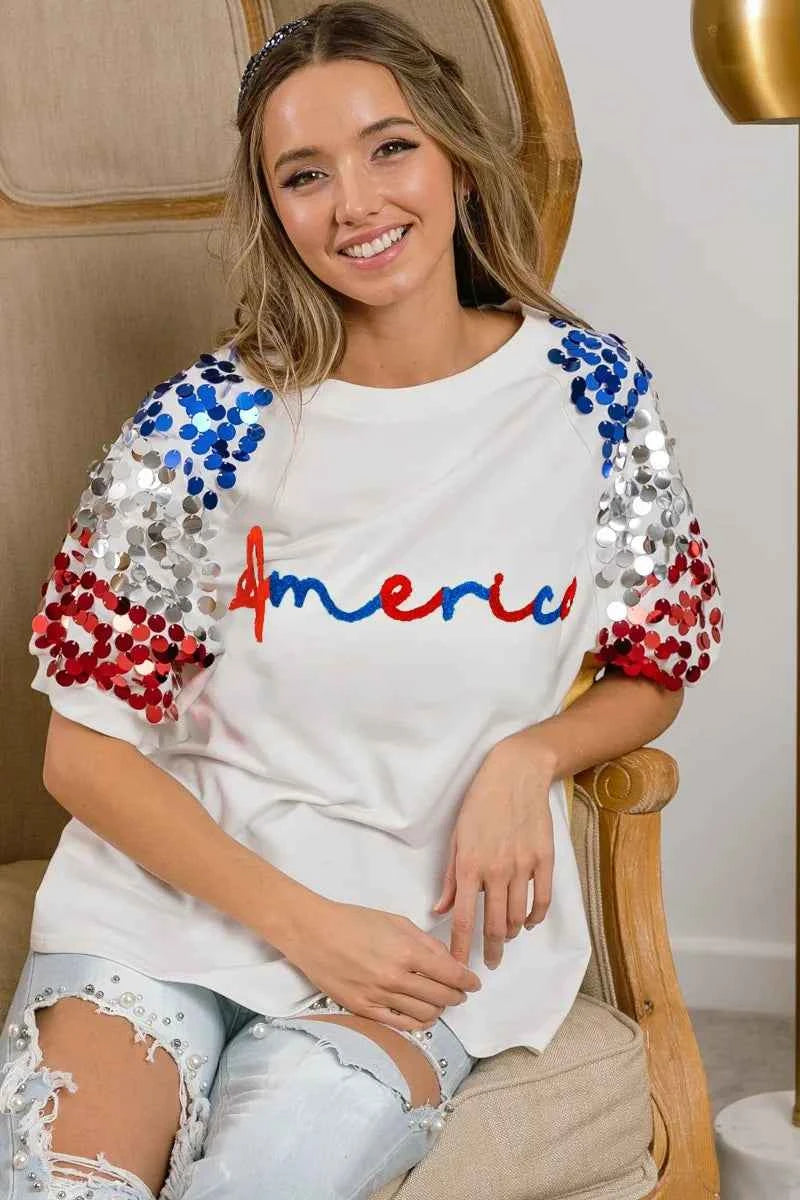 BiBi America Letter Applique Spangle Puff Sleeves Top 3c03145c329b4313922dc4767058e300-Max-Origin