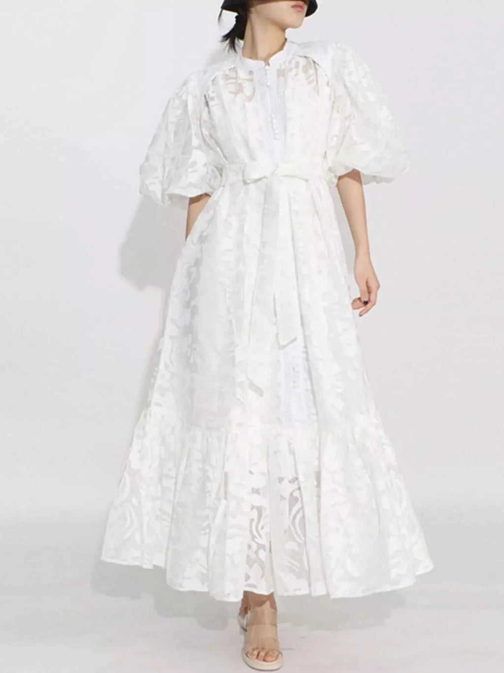 Lace Puff Sleeve Tie Waist Maxi Dress White 3c091dbd-850f-4a4c-954b-18070269075c-Max-Origin