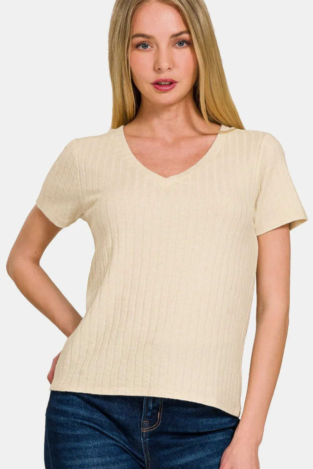 Zenana Ribbed Short Sleeve T-Shirt Sand Beige 3c0c6c58-5628-40fe-93dc-cbe4f89a8b48-Max
