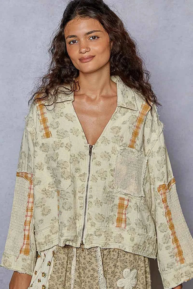 POL Raw Hem Zip Up Floral Jacket with Plaid and Crochet Patch 3c30f8a5-ad0c-43ec-abc1-f55964690416-Max-Origin