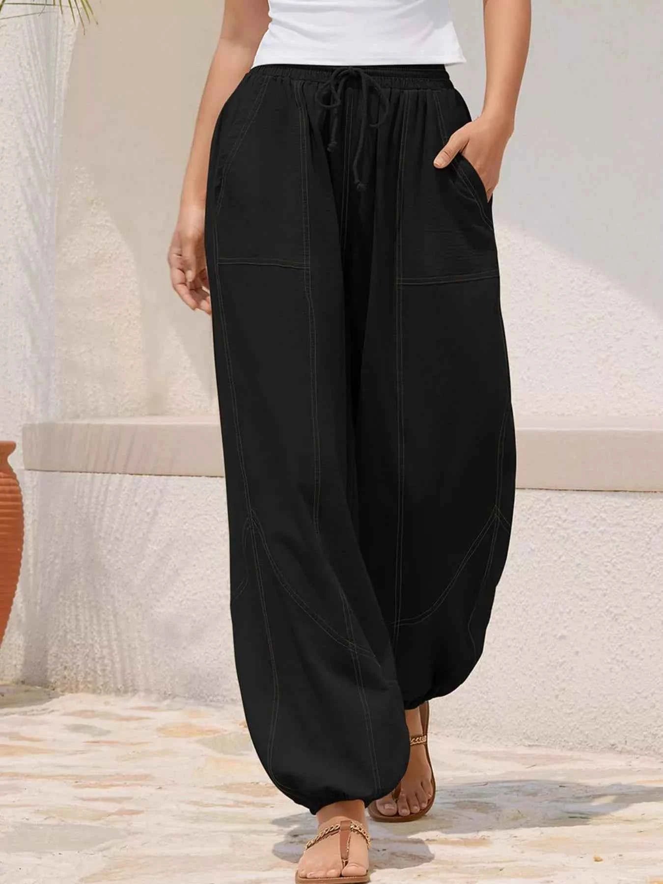 Wide Leg Drawstring Pants Black 3c478cf6-cda0-466c-a31d-19166e7aa5e7-Max-Origin