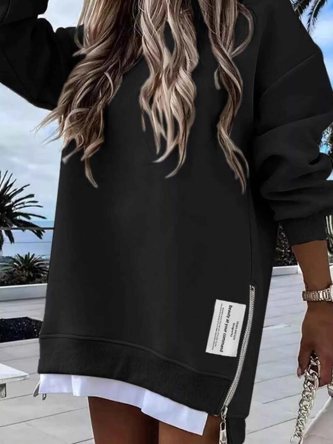 Side Slit Round Neck Long Sleeve Sweatshirt Black 3c5d8531cb1e4099895c687e96005afb-Max-Origin