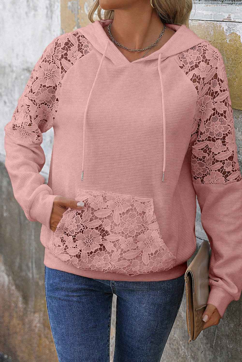 Gossamer Pink Lace Patchwork Raglan Sleeve Kangaroo Pocket Waffle Hoodie 3c647a85b64baa9e
