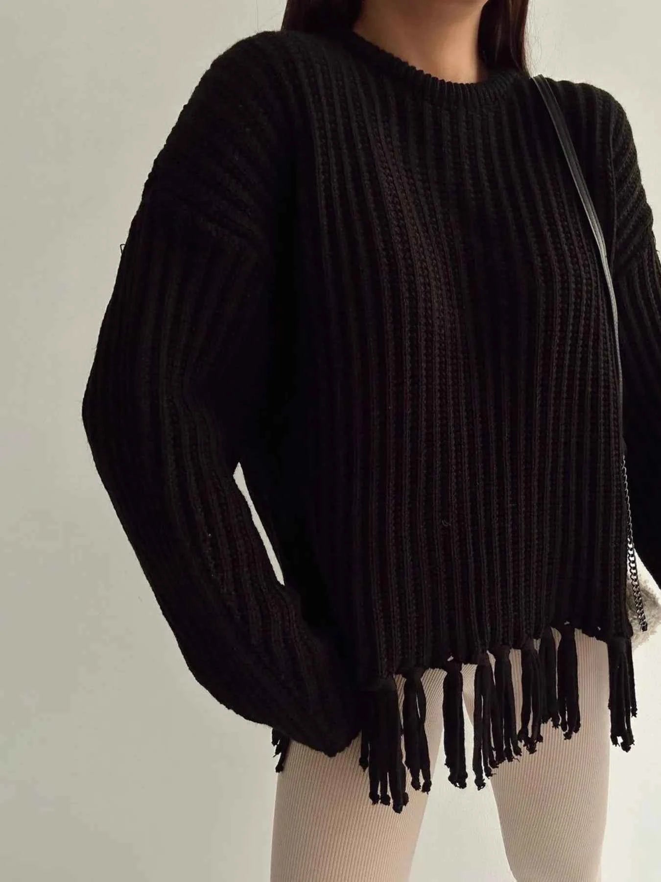 Fringe Round Neck Long Sleeve Sweater Black 3c6536d713d54c6b9672793729a97587-Max-Origin