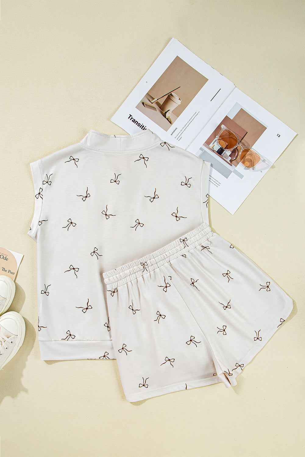 Beige Bow Print Half Zip Tank Top and Shorts Set 3c674a1d69fced1f