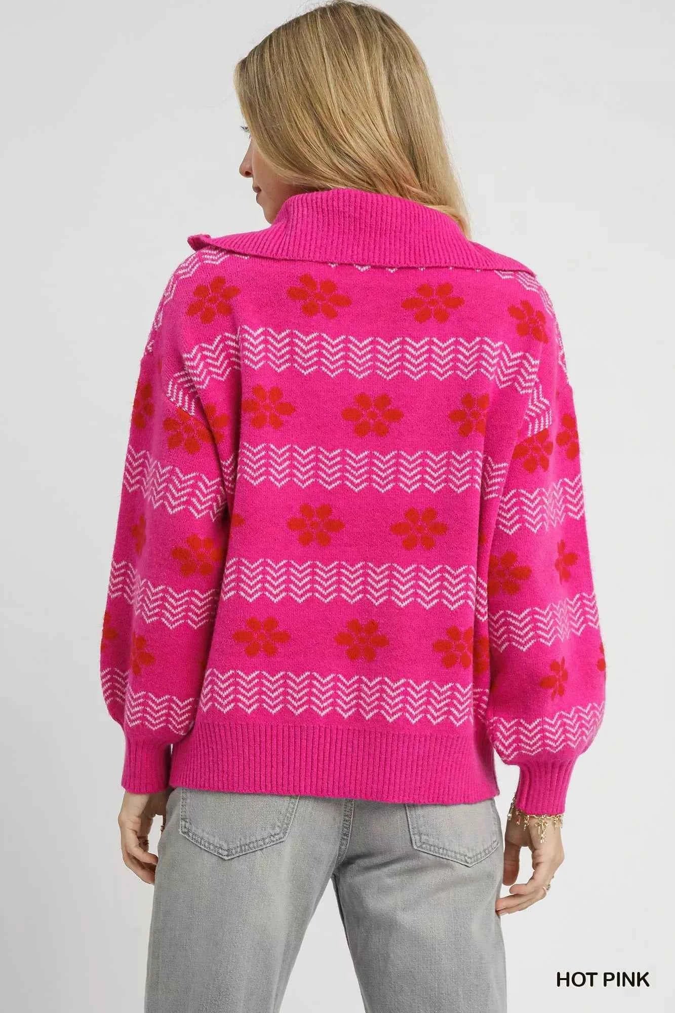 Umgee Floral Patterned Jacquard Quarter-Zip Pullover Sweater 3c7d621e-dac4-41e1-bd3f-f91f12011f32-Max-Origin