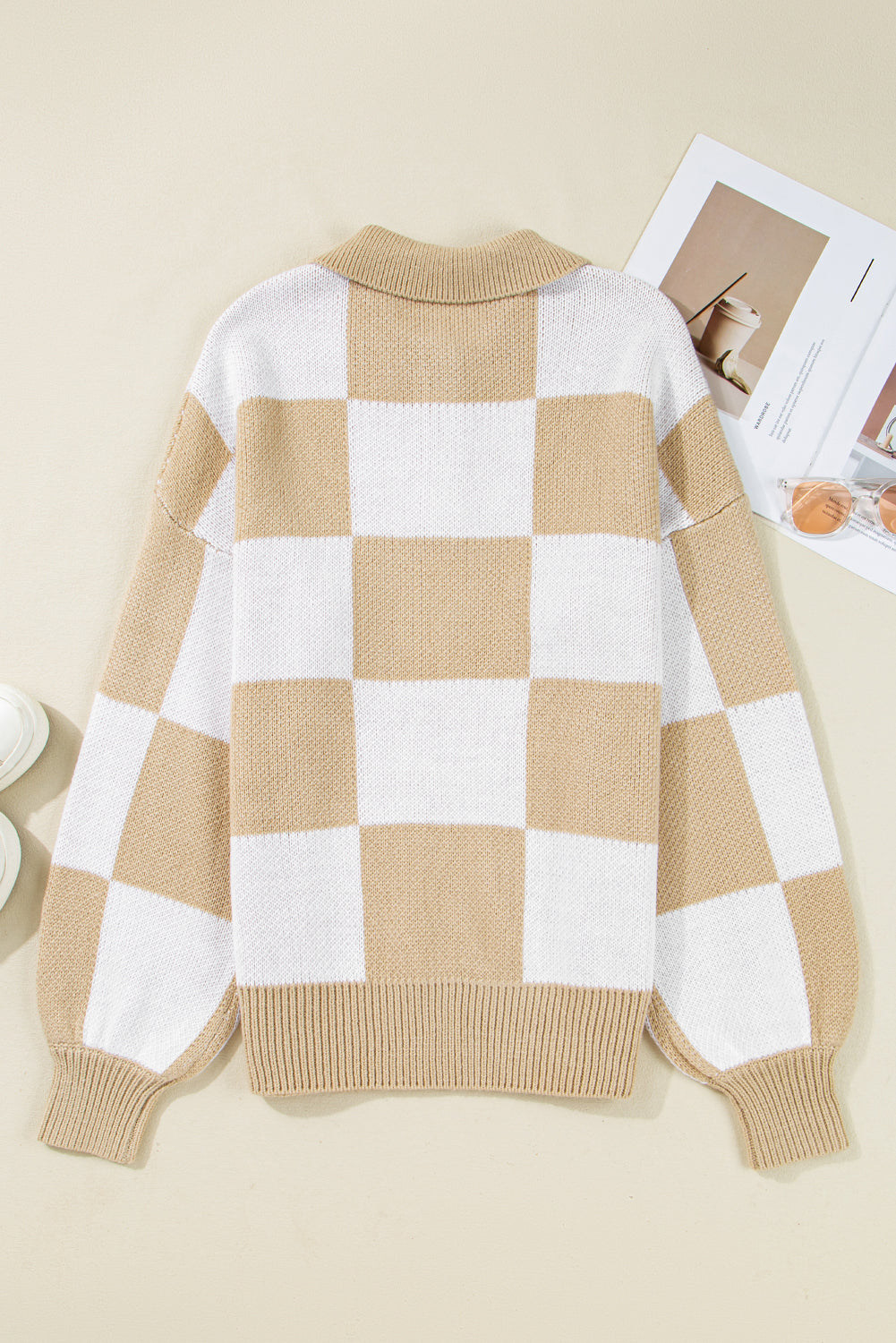 Light French Beige Checkered V-Neck Collared Pullover Sweater 3ca59345691a7c9b