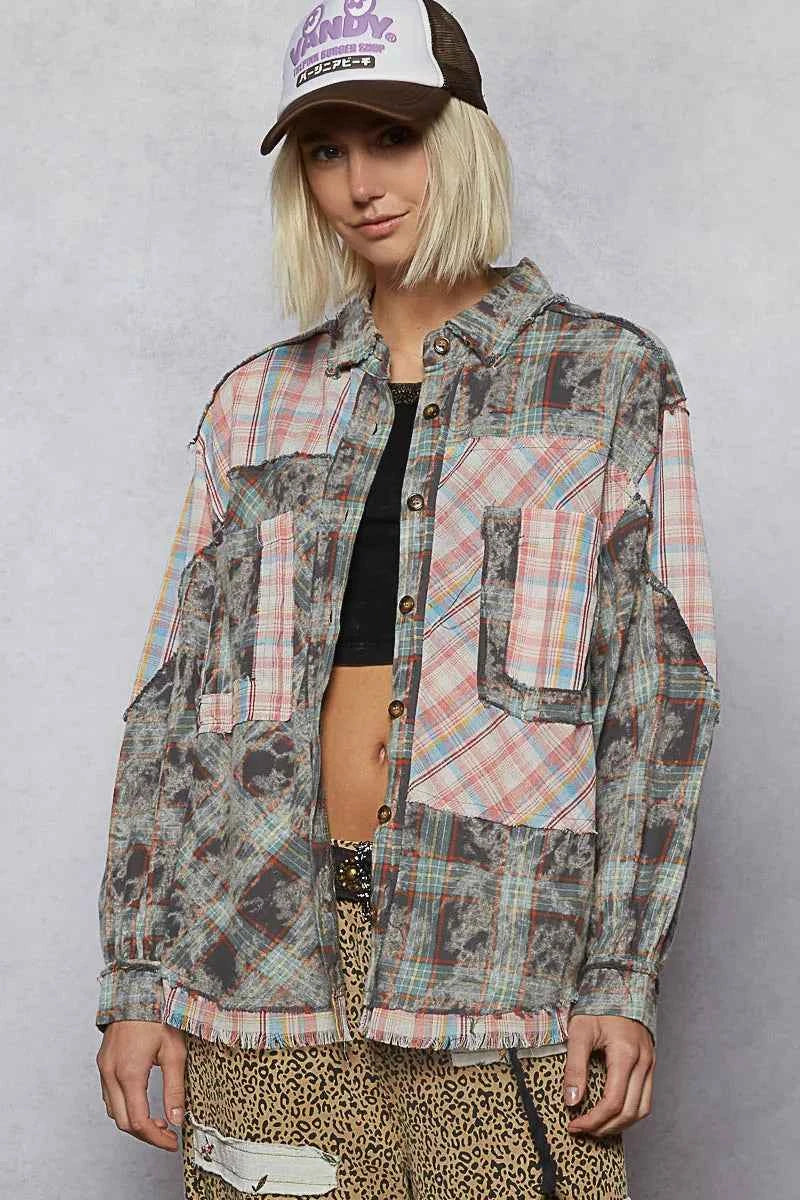 POL Plaid Patchwork Long Sleeve Shirt with Raw Edge Detail Air Force Blue 3cae0c58-efa6-4341-99e4-15552580d5c0-Max-Origin