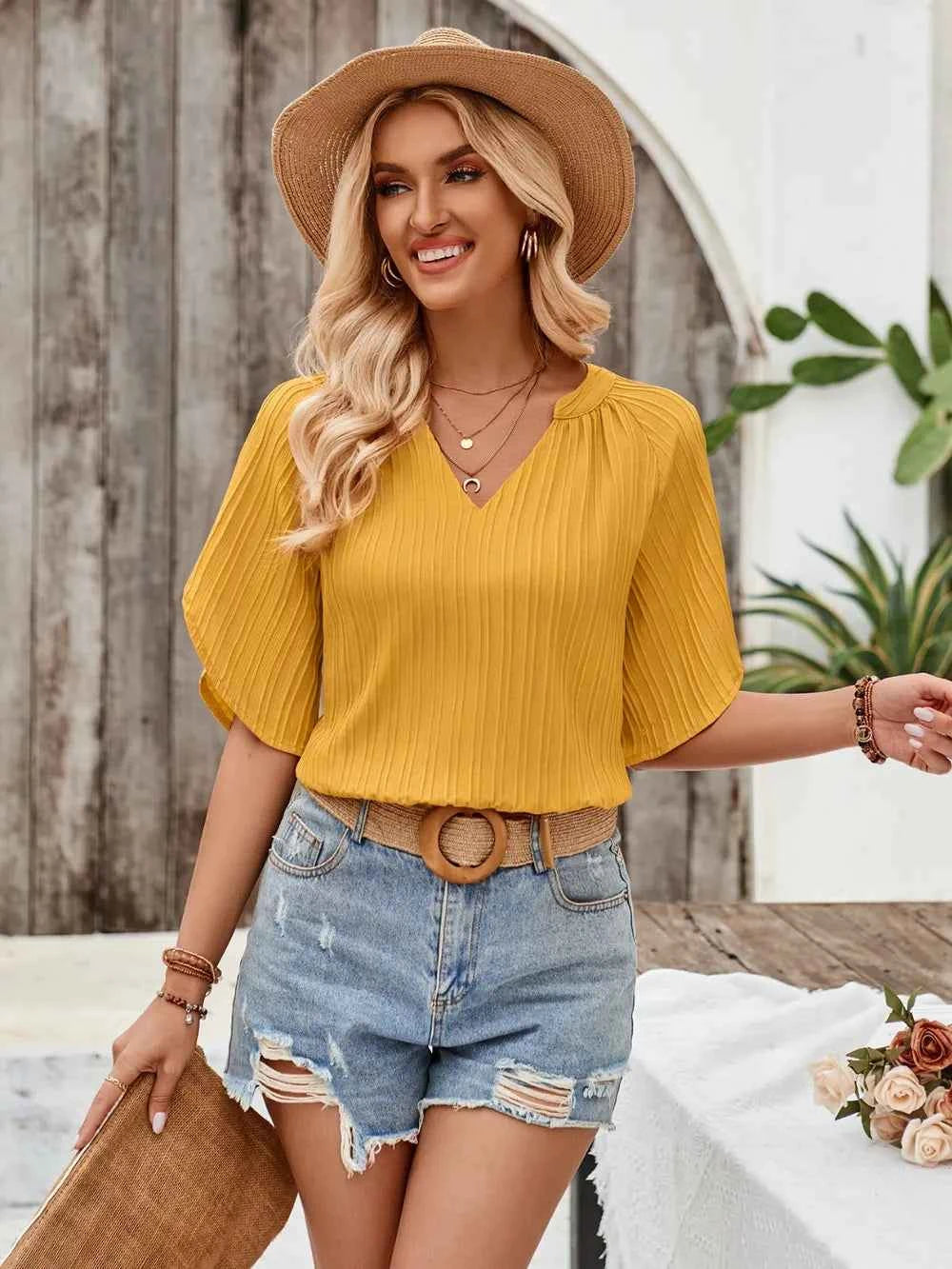 Notched Slit Half Sleeve Blouse Gold 3cb4f38e-1d99-4680-bad5-2ce320997871-Max
