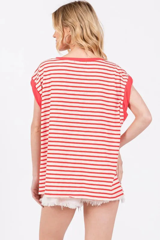 Ces Femme Side Slit Striped Cap Sleeve T-Shirt 3cb92476-44d0-4c12-8b8d-c341ff6921e5-Max