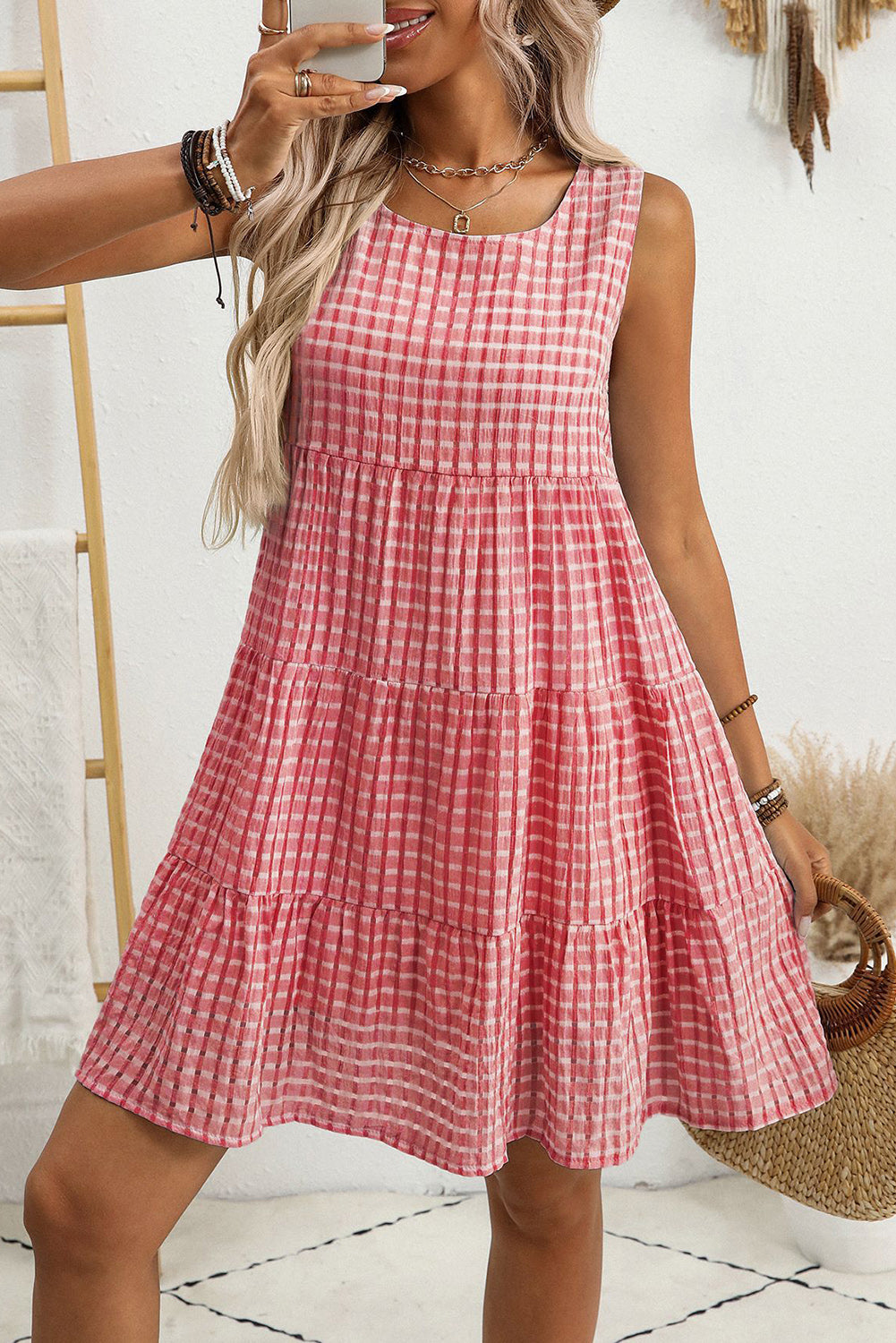 White Gingham High Waist Sleeveless Mini Dress Red 3ccbcc23e5c6f0fe