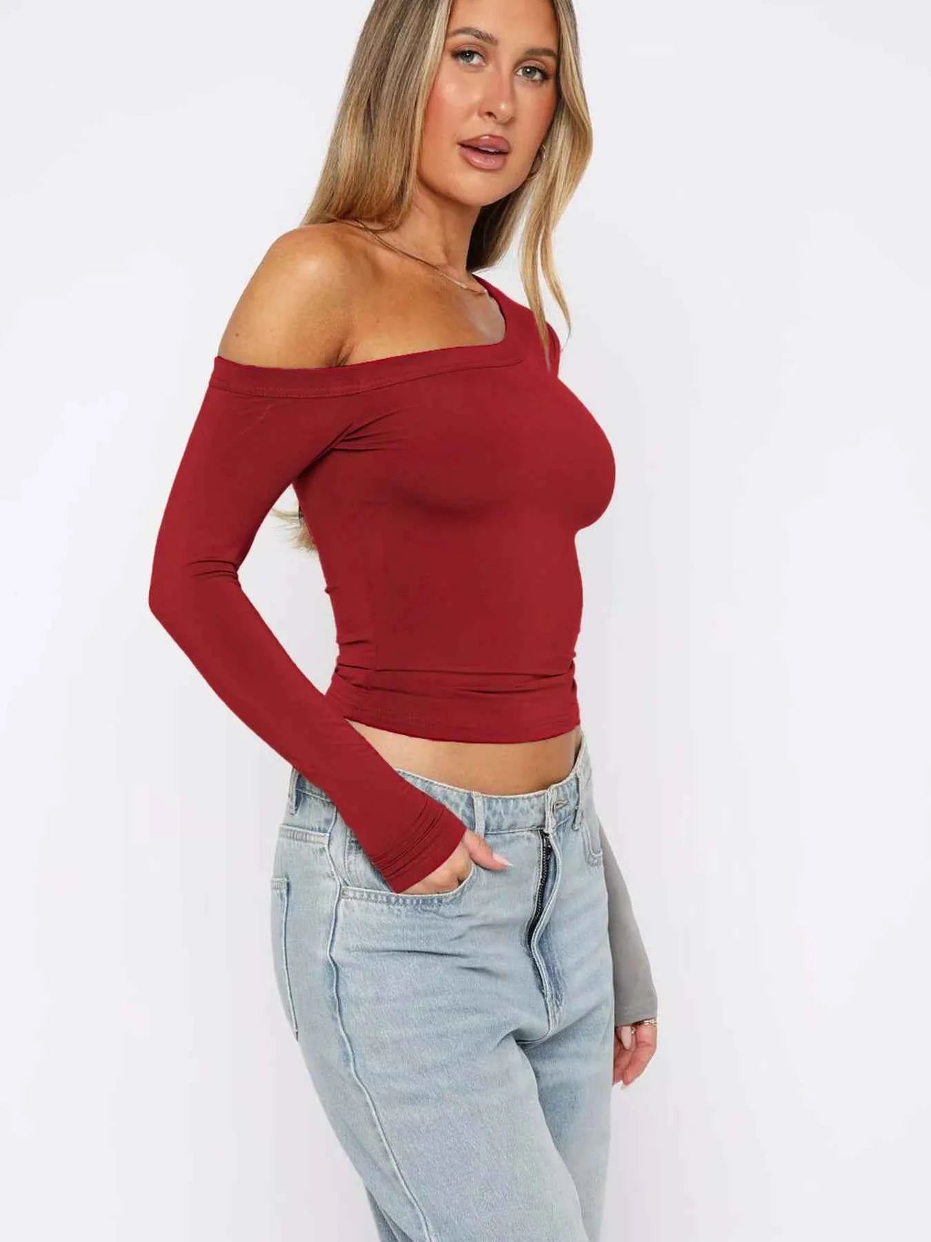One Shoulder Long Sleeve Crop T-Shirt 3cdaf0c5388941329e8f75783853978a-Max-Origin