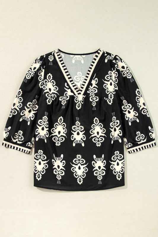 Vintage Geometric Printed V Neck Blouse 3cfda23b-970a-43a3-bd42-0e5ed1daf17a