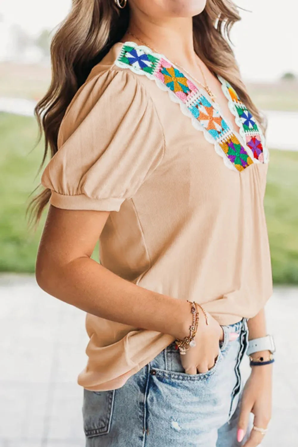 Floral Crochet V Neck Short Sleeve Blouse 3d0a742e-05e8-471e-963d-995d7c459416-Max-Origin